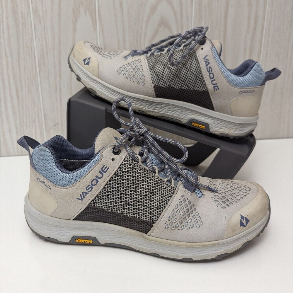 Womens 9 M Vasque Breeze LT Low Tan Blue Trail Hiking Shoes Vibram Megagrip